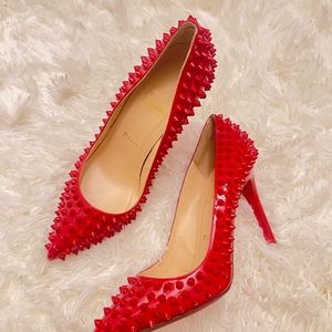 authentic Christian Louboutin Pigalle Plato 120 Spiked Heels in Red leather